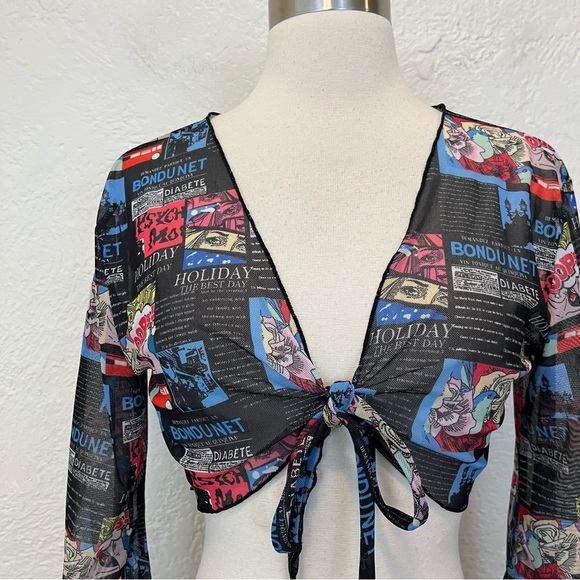 Mesh Crop Top Tie Front Comic Book News Print Rave Punk Festival Medium M - Picture 3 of 13